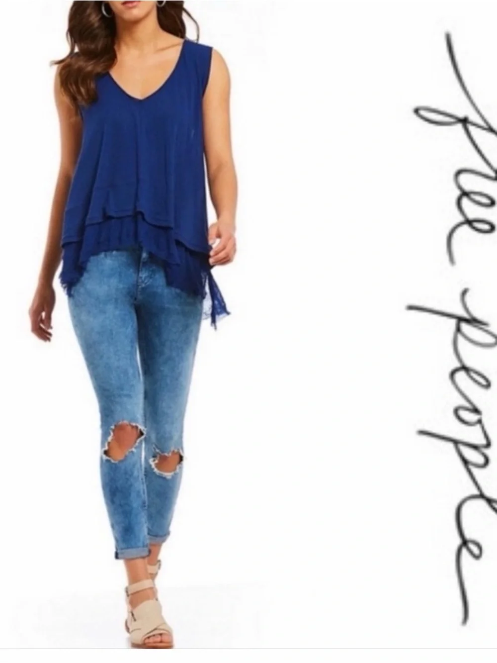 NWT Free People Distressed Peachy tee in blur blue